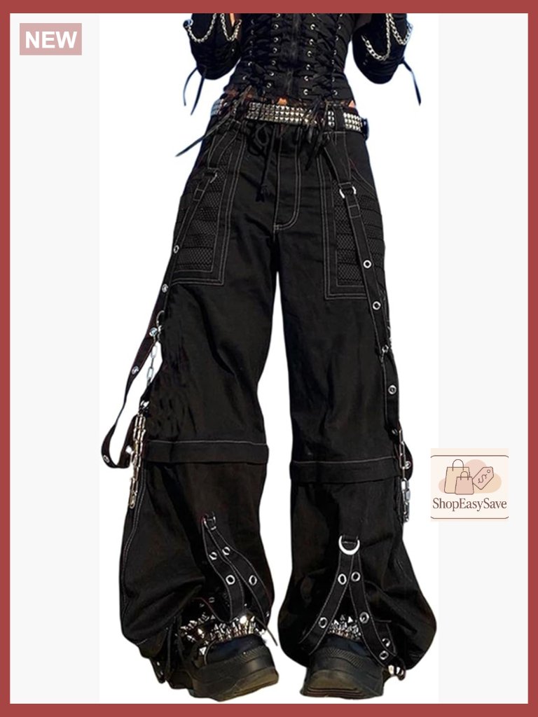 Vintage Goth Hip Hop High Waisted Baggy Bootcut Jeans With Strap Chain Striped